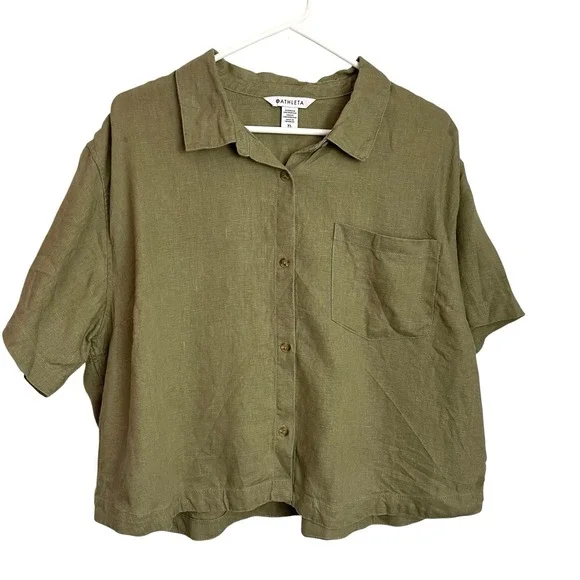 Athleta Womens Retreat 100% Linen Shirt Size XL Olive Green Button Short Sleeve - Picture 2 of 9